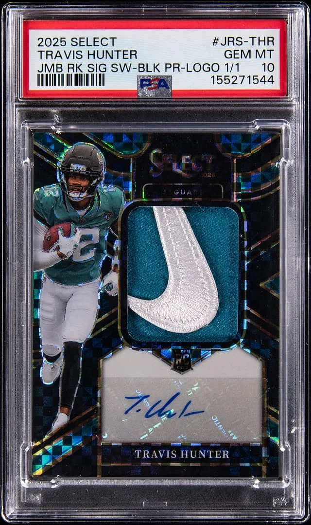 2025 Panini Select Travis Hunter Jumbo Signature Swatches Black Prizm Brand Logo #JRS-THR card image