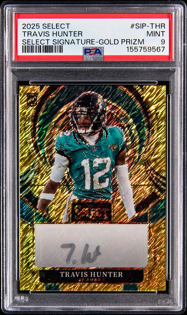 2025 Panini Select Travis Hunter Signatures Gold Prizm #SIP-THR card image