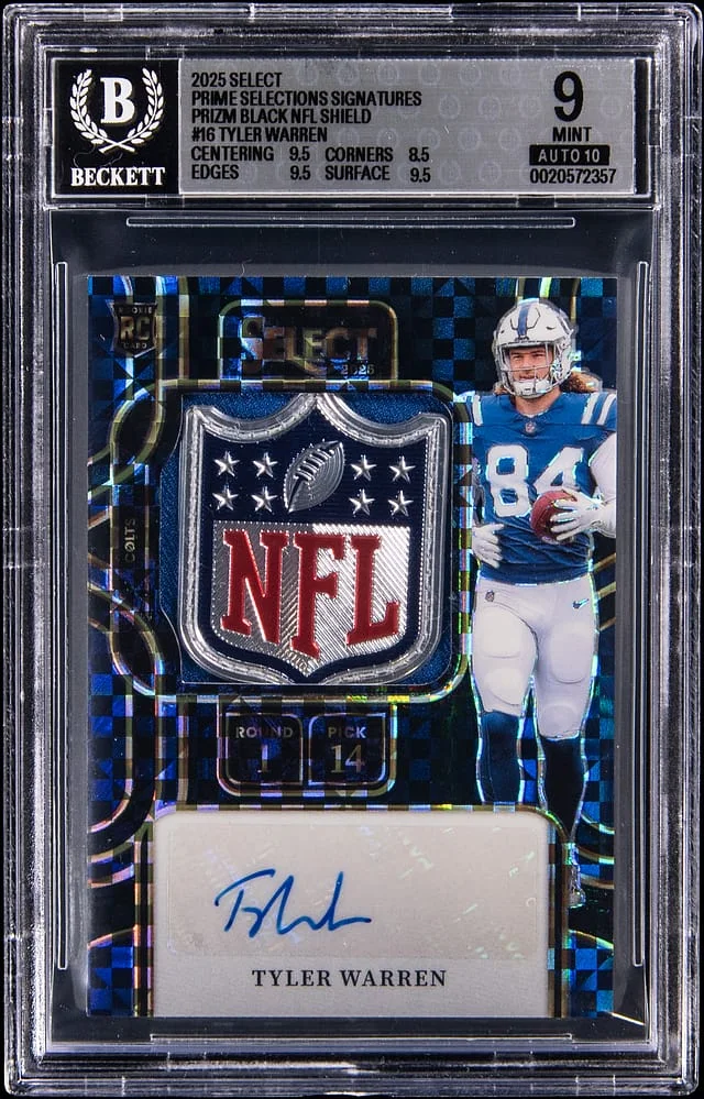 2025 Panini Select Tyler Warren Prime Selections Signatures Black Prizm NFL Shield #PSS-TWN card image