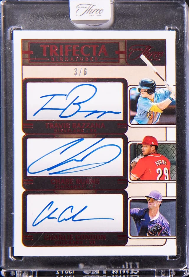 2025 Panini Travis Bazzana/Chase Burns/Charlie Condon Multi-Signed - Panini Encased Three and Two Trifecta Signatures Red #TRI-FRP card image
