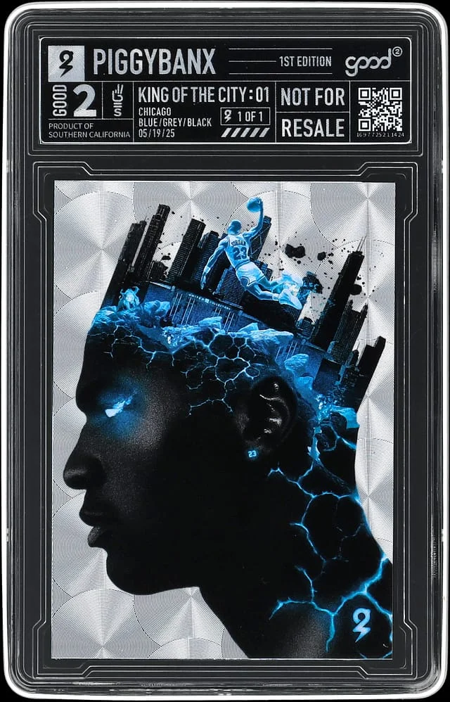 2025 PiggyBanx Good 2 1st Edition King of the City: Blue/Grey/Black Platinum Record Variation Michael Jordan - PiggyBanx Encapsulated - With Original Box #01 card image