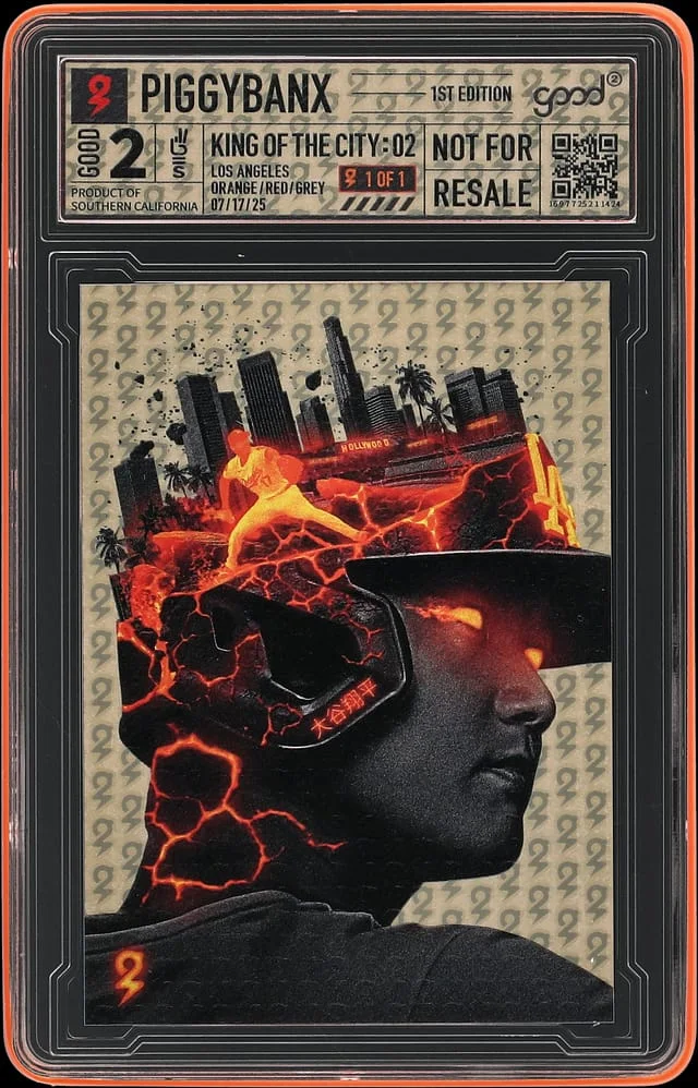 2025 PiggyBanx Good 2 1st Edition King Of The City: Los Angeles Orange/Red/Grey Gold Bolt Fractor Variation - PiggyBanx Encapsulated - With Original Box #02 card image