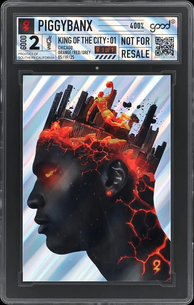 2025 PiggyBanx Good 2 King of the City: Orange/Red/Grey Wave 400% - PiggyBanx Encapsulated - With Original Box #01 card image