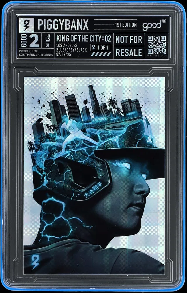 2025 PiggyBanx King Of The City:02 Blue/Grey/Black Shohei Ohtani - Piggybanx Encapsulated #Good2 card image
