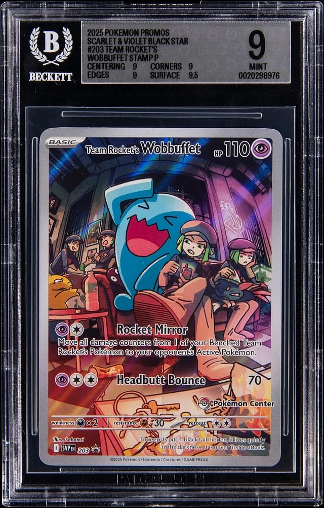 2025 Pokemon Scarlet and Violet Black Star Promos Pokemon Center Stamped Team Rocket's Wobbuffet #203 card image