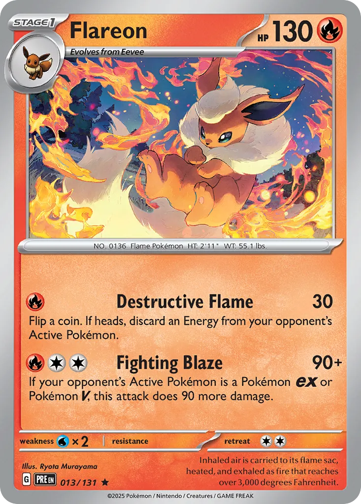 2025 Prismatic Evolutions Flareon #013/131 Rare card image
