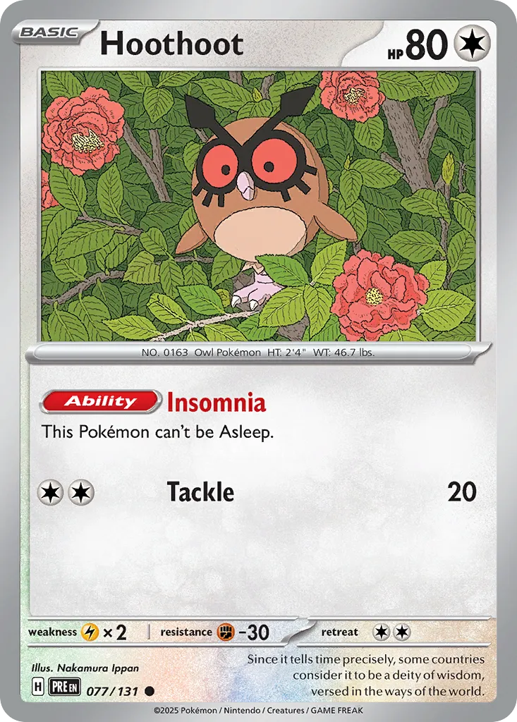 2025 Prismatic Evolutions Hoothoot Common #077/131 Common card image