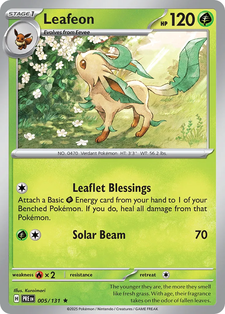 2025 Prismatic Evolutions Leafeon #005/131 Rare card image