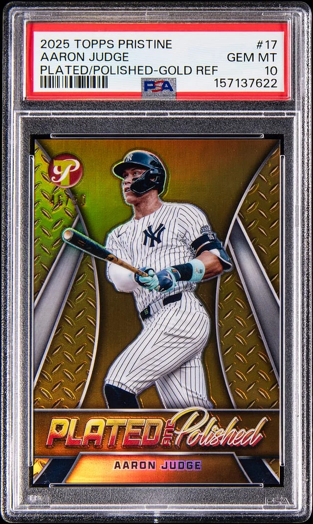2025 Topps Aaron Judge Pristine Plated and Polished Gold Refractor #PP-17 card image