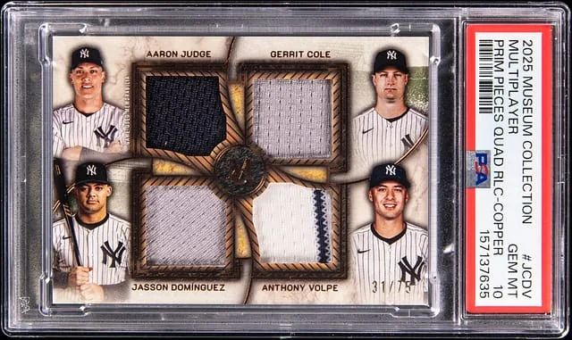 2025 Topps Aaron Judge/Gerrit Cole/Jasson Dominguez/Anthony Volpe Museum Primary Pieces Quad Relic #FPQR-JCDV card image