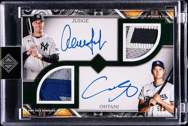 2025 Topps Aaron Judge/Shohei Ohtani Transcendent Collection Dual Patch Autographs Emerald #DPA-JO card image
