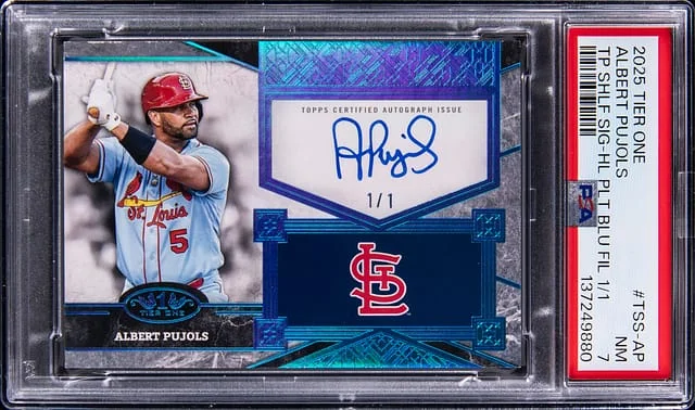 2025 Topps Albert Pujols Tier One Top Shelf Signature Holo Platinum Blue Foil #TSS-AP card image