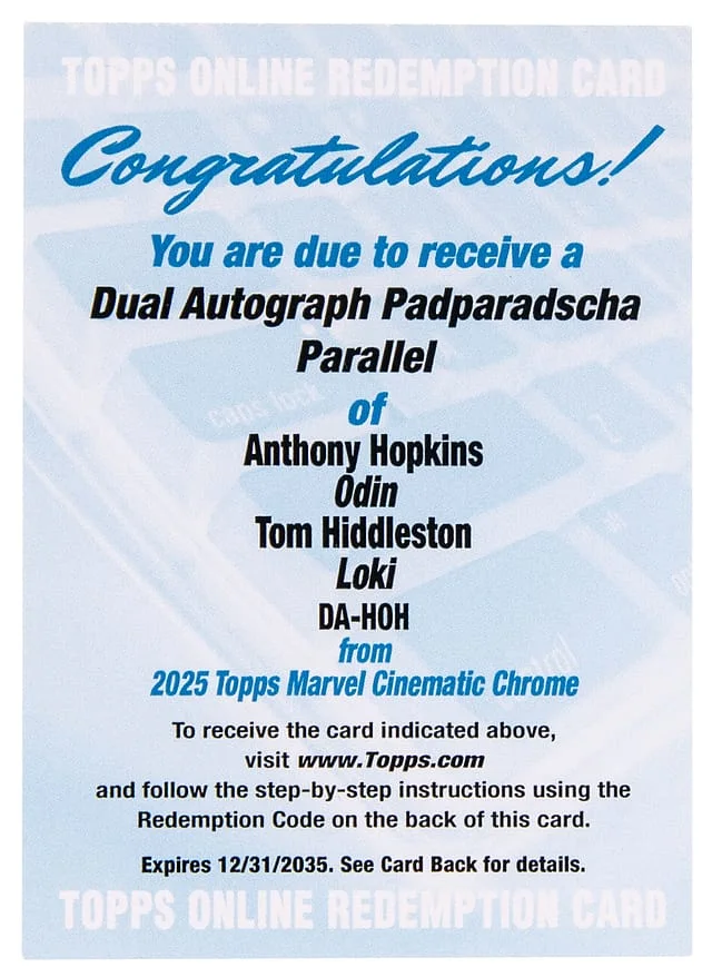 2025 Topps Anthony Hopkins (Odin)/Tom Hiddleston (Loki) Marvel Cinematic Chrome Sapphire Edition Dual Autographs Padparadscha #DA-HOH card image