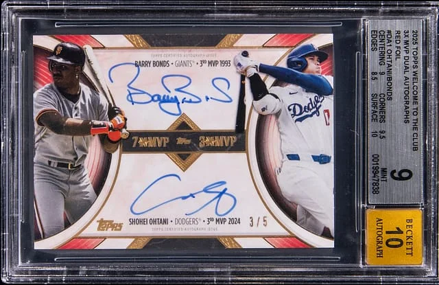 2025 Topps Barry Bonds/Shohei Ohtani Welcome To The Club 3x MVP Dual Autograph Red Foil #DA1 card image