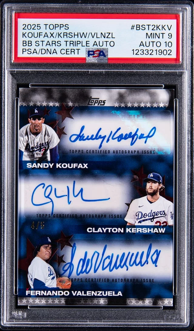 2025 Topps Baseball Sandy Koufax/Clayton Kershaw/Fernando Valenzuela Multi-Signed Stars Triple Autographs #BST2-KKV card image