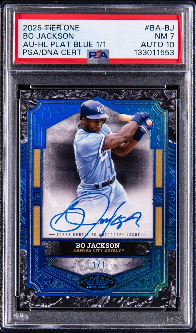 2025 Topps Bo Jackson Tier One Autographs Holo Platinum Blue #BA-BJ card image