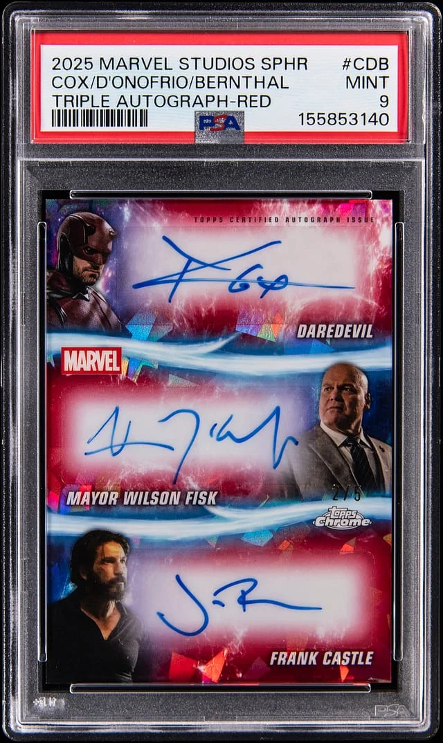 2025 Topps Charlie Cox/Vincent D'Onofrio/Jon Bernthal Multi-Signed Marvel Studios Sapphire Edition Triple Autograph Red #TA-CDB card image