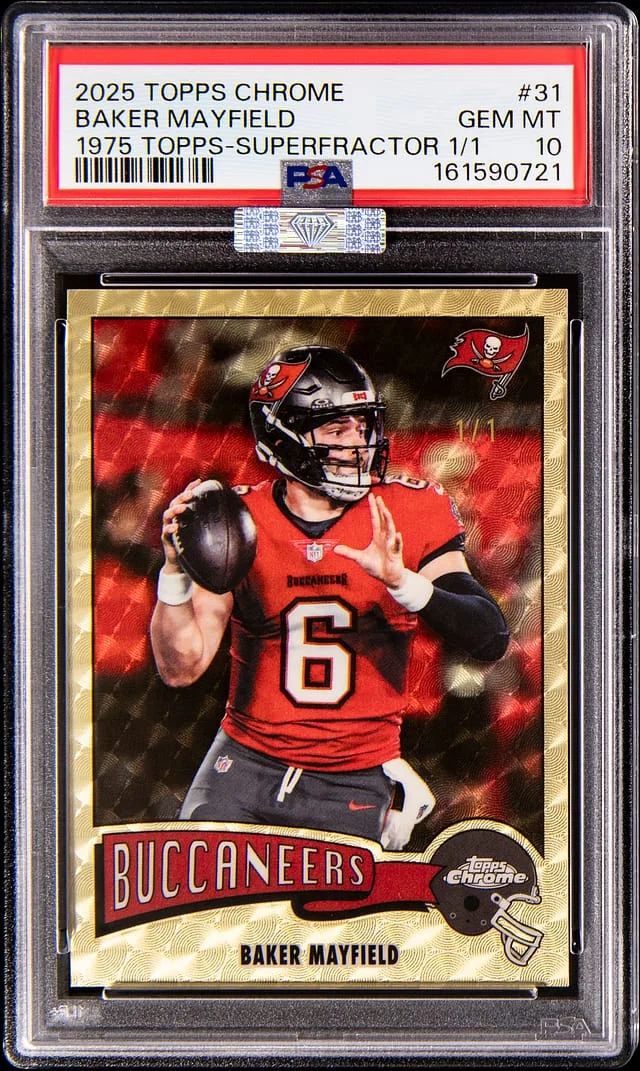 2025 Topps Chrome Baker Mayfield 1975 Topps SuperFractor #31 card image
