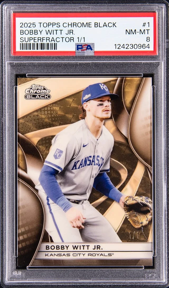 2025 Topps Chrome Black Bobby Witt Jr. SuperFractor #1 card image