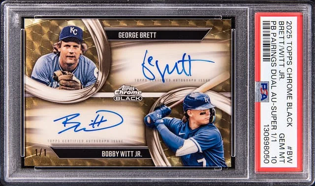 2025 Topps Chrome Black George Brett/Bobby Witt Jr. Pitch Black Pairings Dual Autographs SuperFractor #PDPA-BW card image
