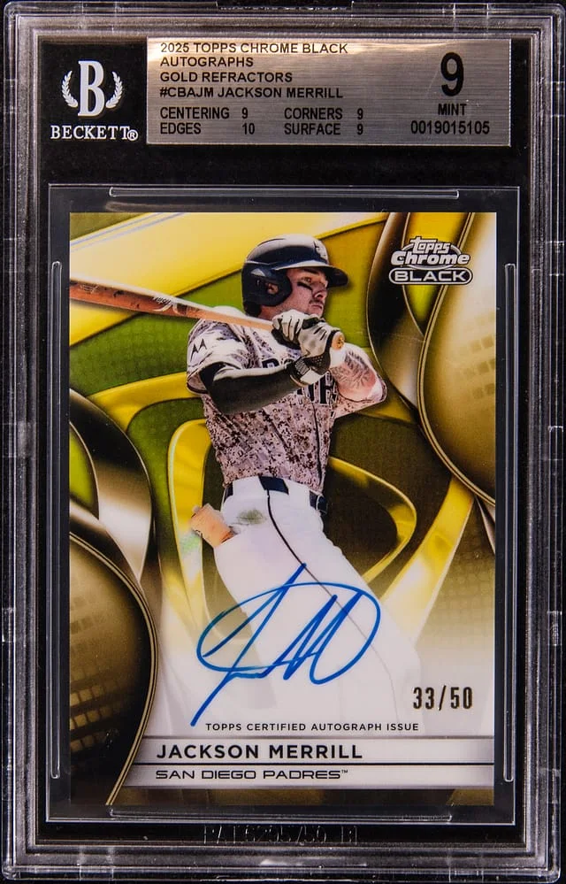 2025 Topps Chrome Black Jackson Merrill Autographs Gold Refractor #CBA-JM card image