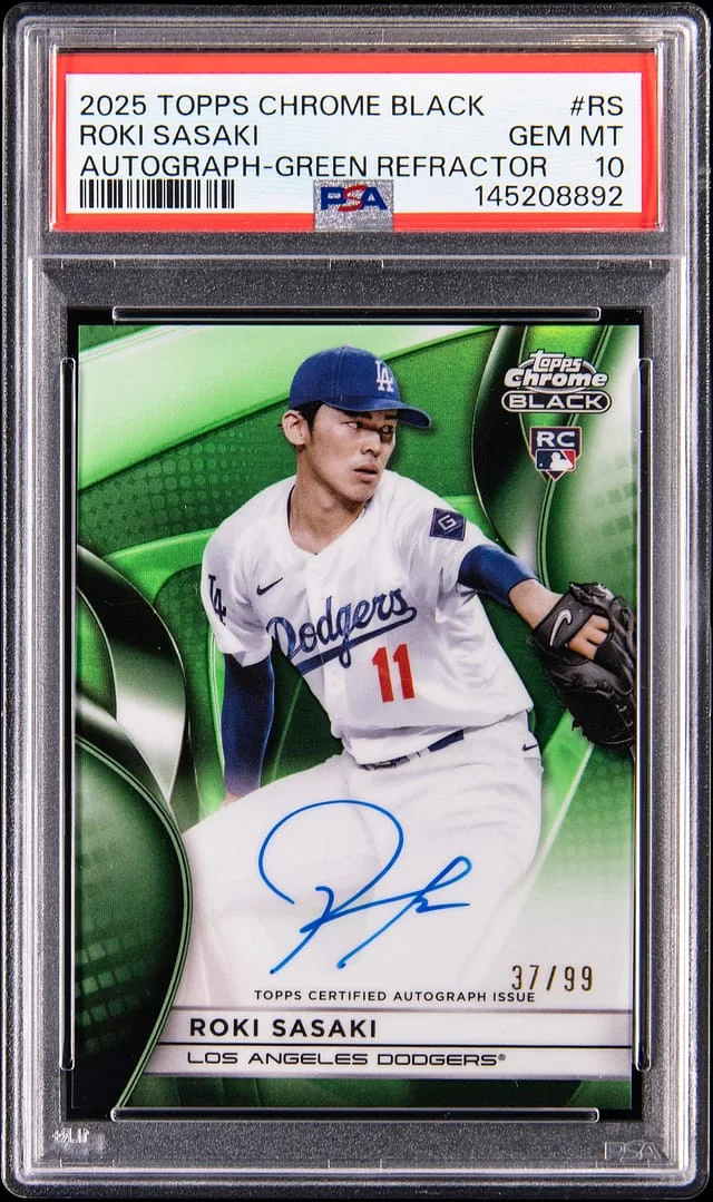 2025 Topps Chrome Black Roki Sasaki Autograph Green Refractor #CBA-RS card image