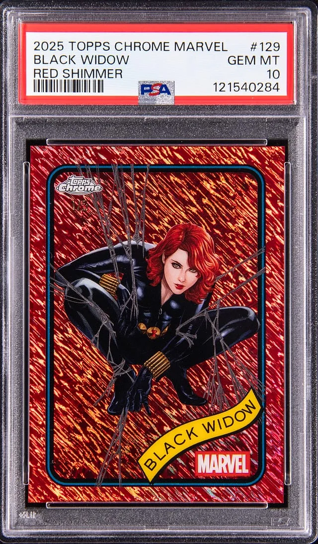 2025 Topps Chrome Black Widow Marvel Red Shimmer Refractor #129 card image