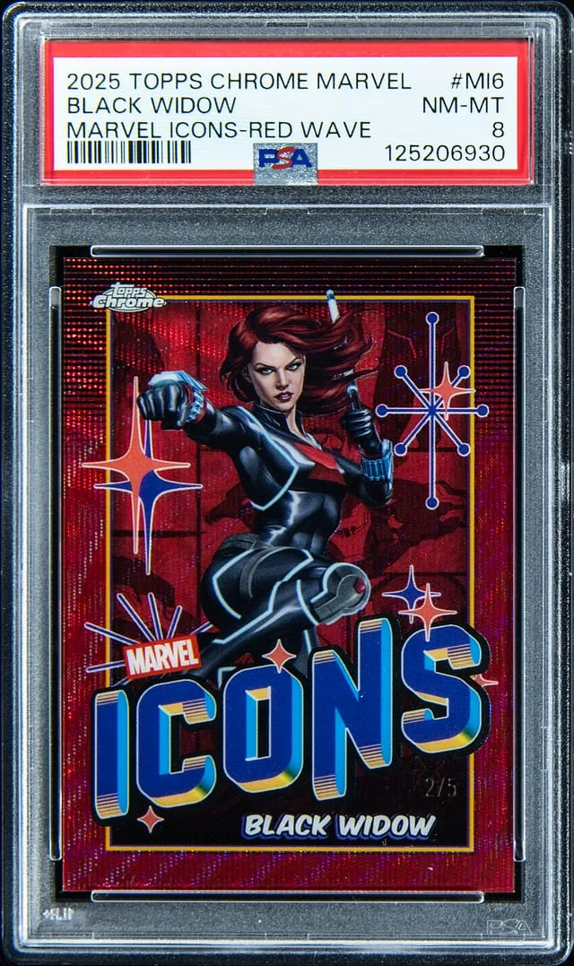 2025 Topps Chrome Black Widow Marvel Icons Red Wave Refractor #MI-6 card image