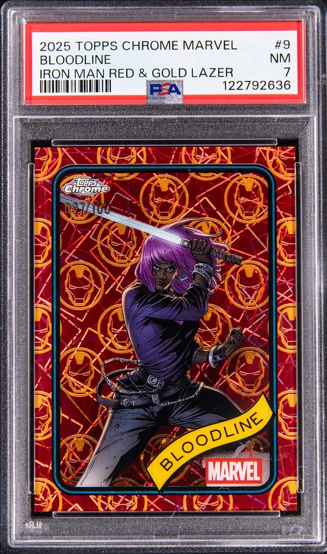 2025 Topps Chrome Bloodline Marvel Iron Man Red & Gold Lazer #9 card image