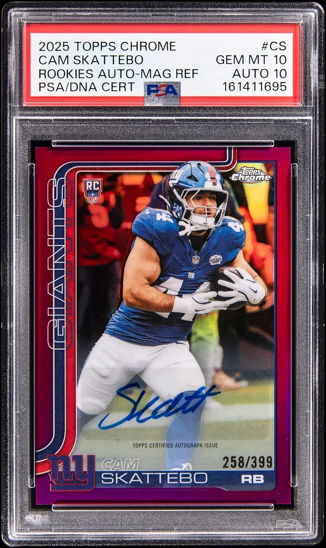 2025 Topps Chrome Cam Skattebo Autographs Magenta Refractor #RA-CS card image