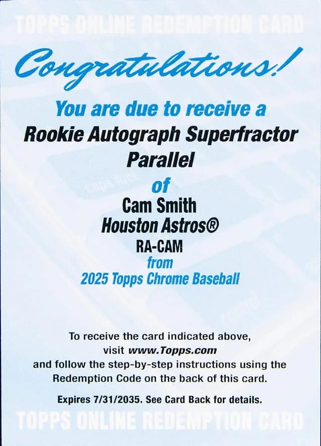 2025 Topps Chrome Cam Smith Autograph SuperFractor #RA-CAM card image