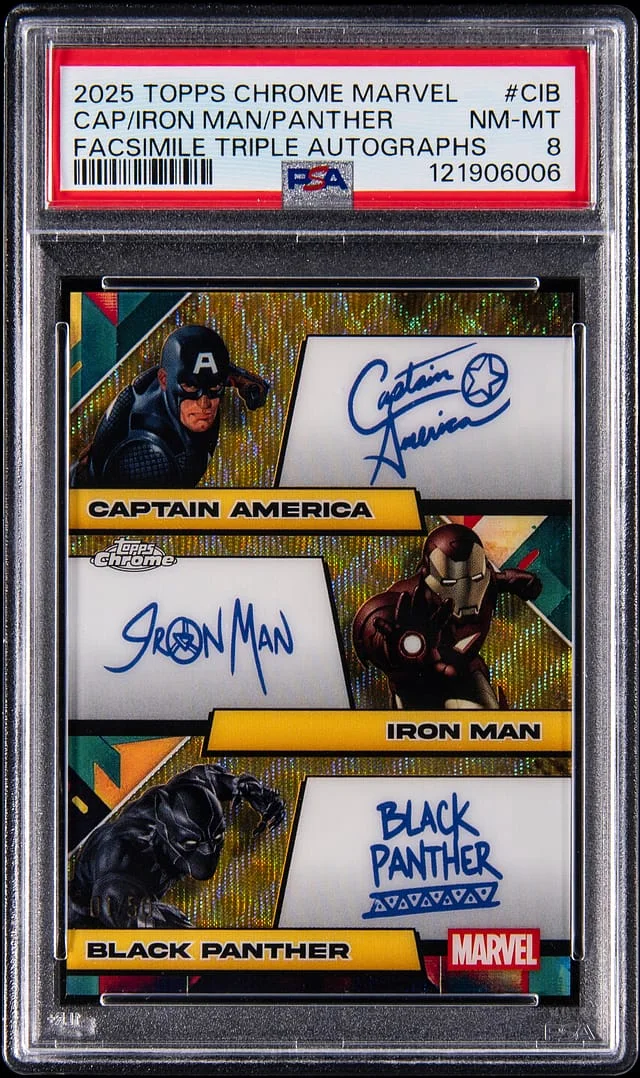 2025 Topps Chrome Captain America / Iron Man / Black Panther Marvel Facsimile Triple Autographs #FT-CIB card image