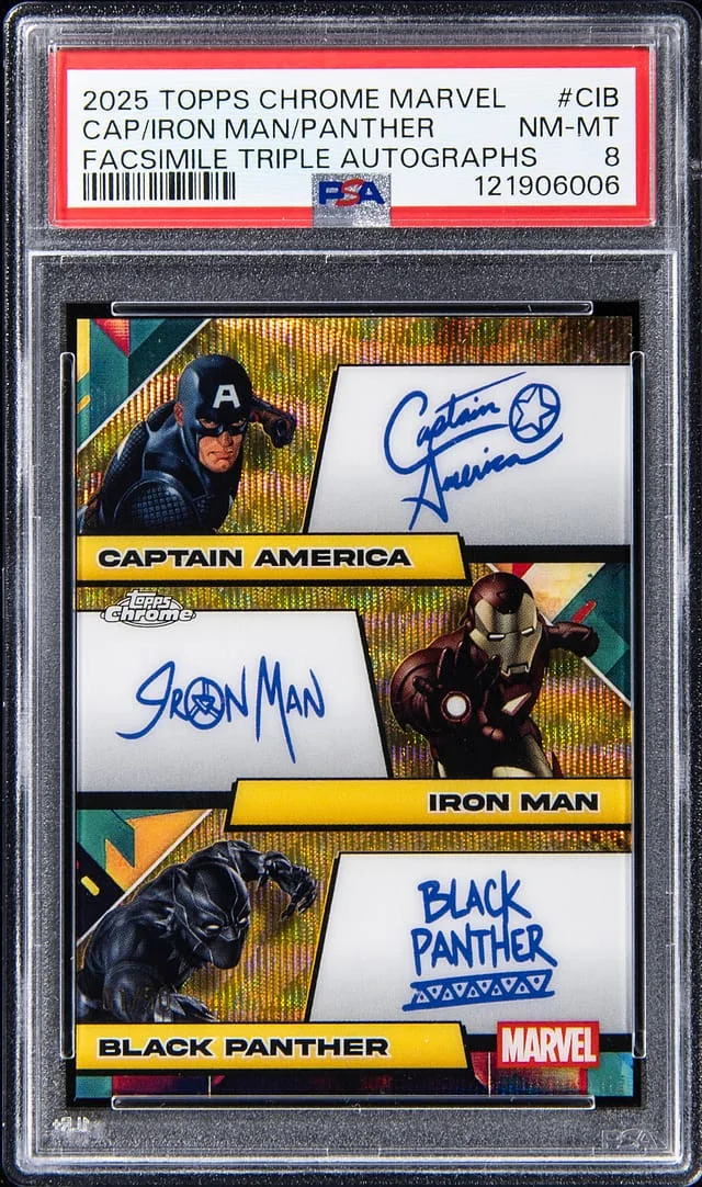 2025 Topps Chrome Captain America/Iron Man/Black Panther Marvel Facsimile Triple Autographs #FT-CIB card image