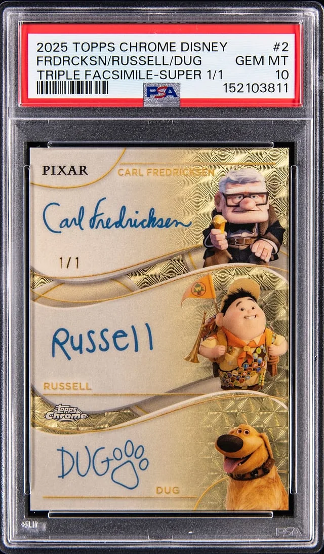 2025 Topps Chrome Carl Fredricksen/Russell/Dug Disney Triple Facsimile Autograph SuperFractor #TR-2 card image
