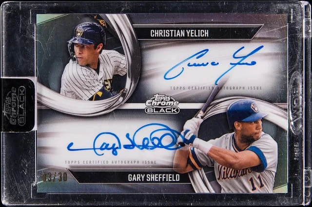 2025 Topps Chrome Christian Yelich/Gary Sheffield Dual Pitch Black Dual Autograph #PDPA-YS card image