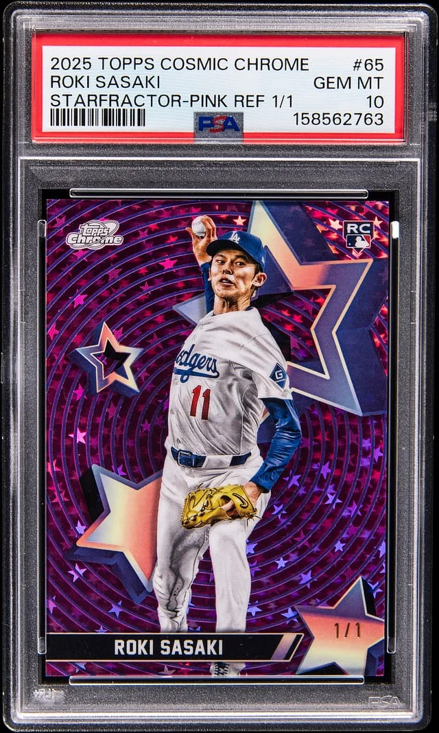 2025 Topps Chrome Cosmic Roki Sasaki StarFractor Pink Refractor #65 card image