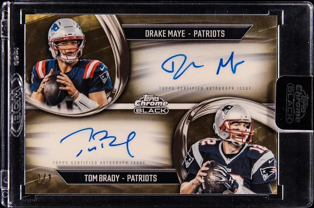 2025 Topps Chrome Drake Maye/Tom Brady Pitch Black Dual Autographs SuperFractor #PBDA-DMTB card image