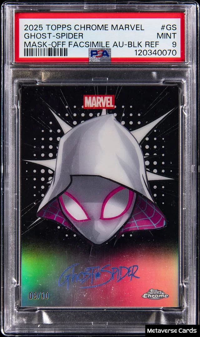 2025 Topps Chrome Ghost-Spider Marvel Mask-Off Facsimile Autograph Black Refractor #MO-GS card image