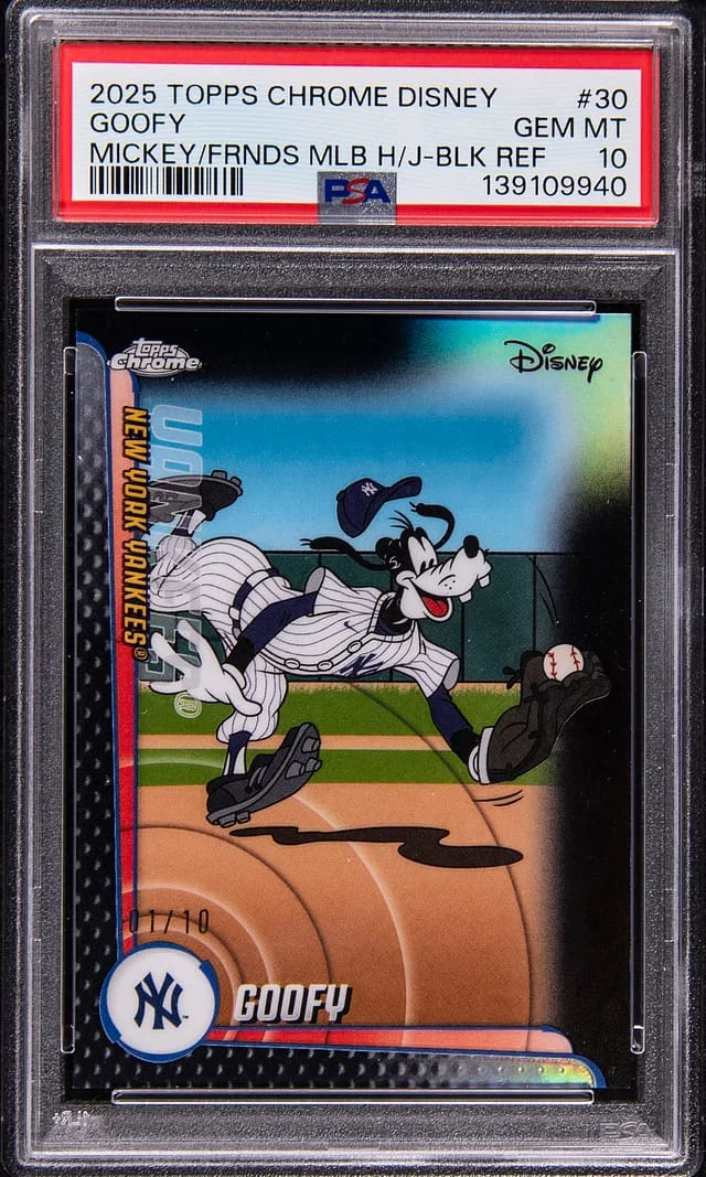 2025 Topps Chrome Goofy Disney Mickey & Friends MLB Home Jersey Black Refractor #30 card image