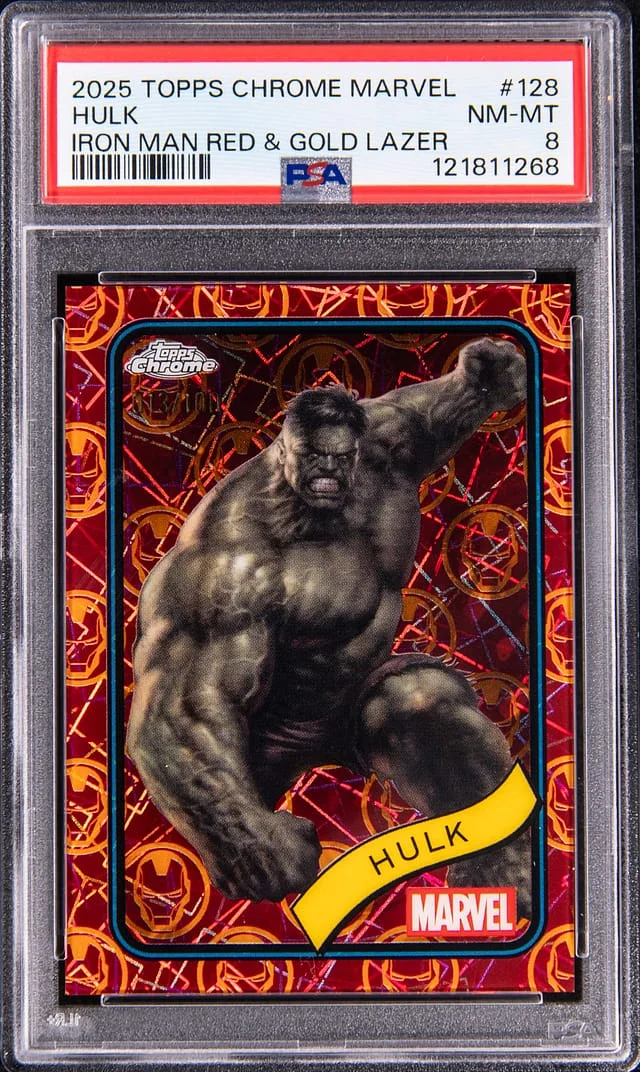 2025 Topps Chrome Hulk Marvel Iron Man Red & Gold Lazer #128 card image