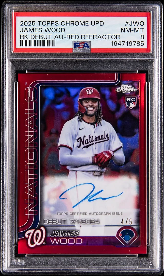2025 Topps Chrome James Wood Debut Autographs Red Refractor #CRDA-JWO card image