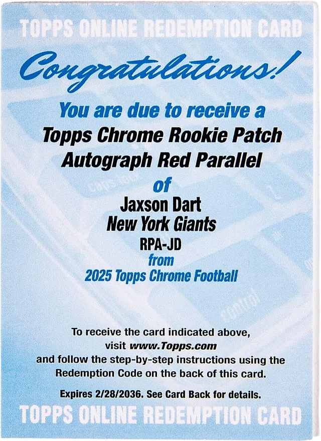 2025 Topps Chrome Jaxson Dart Patch Autograph (RPA) Red Refractor #RPA-JD card image
