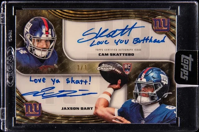 2025 Topps Chrome Jaxson Dart/Cam Skattebo Dual Autograph SuperFractor #DA-SD card image