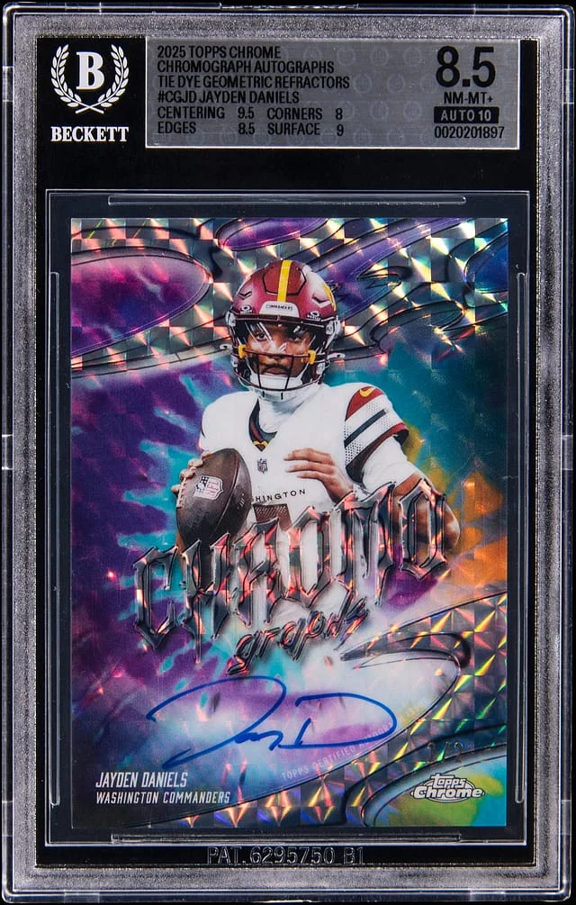 2025 Topps Chrome Jayden Daniels Chromograph Autographs Tie Dye Geometric Refractor #CG-JD card image