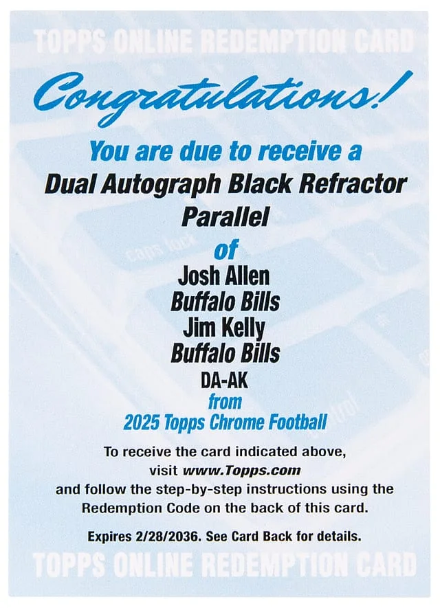 2025 Topps Chrome Josh Allen/Jim Kelly Dual Autographs Black Refractor #DA-AK card image