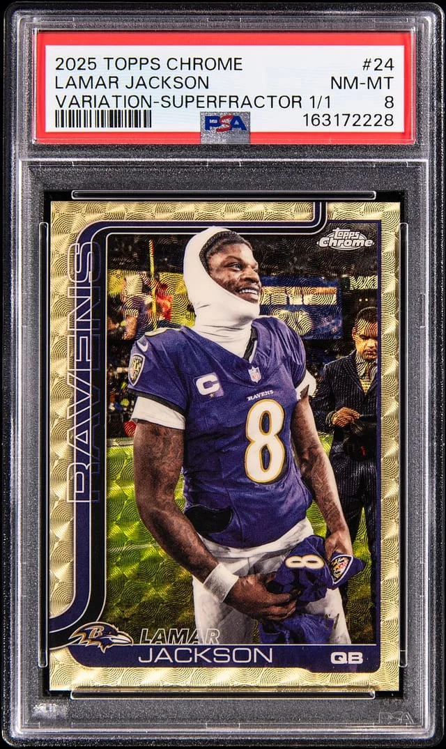2025 Topps Chrome Lamar Jackson Image Variation SuperFractor #24 card image