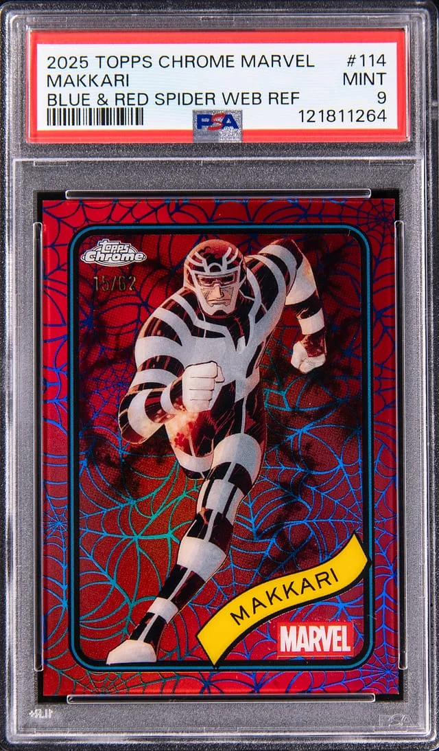 2025 Topps Chrome Makkari Marvel Blue & Red Spider Web Refractor #114 card image