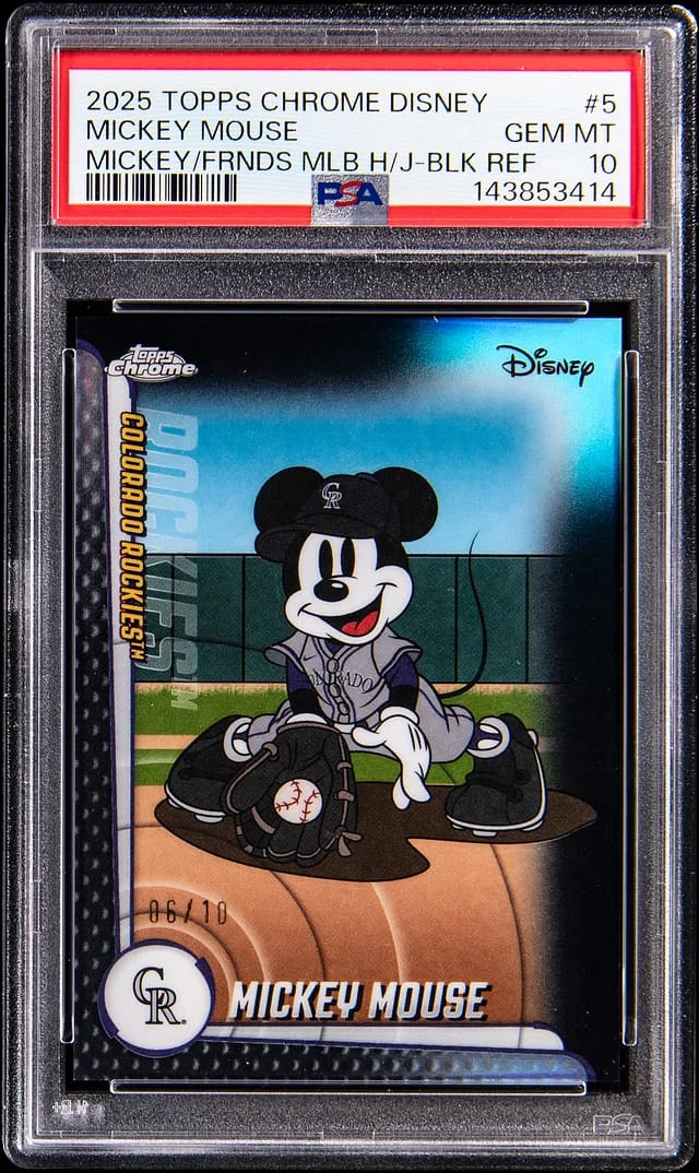 2025 Topps Chrome Mickey Mouse Disney Mickey & Friends MLB Home Jersey Black Refractor #5 card image