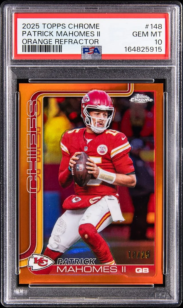 2025 Topps Chrome Patrick Mahomes II Orange Refractor #148 card image