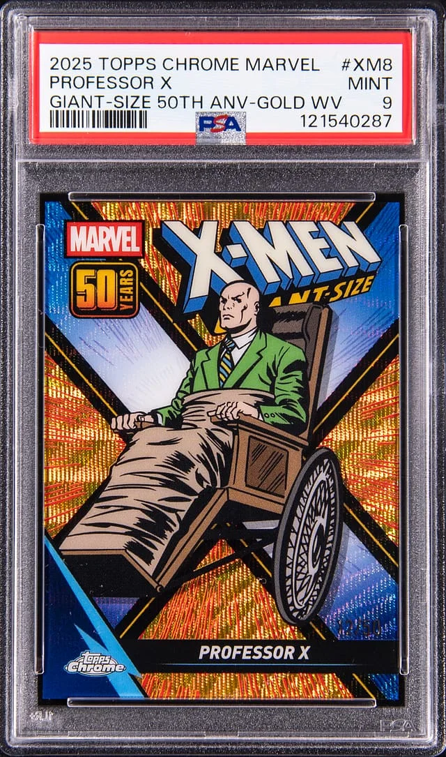2025 Topps Chrome Professor X Marvel Giant-Size 50th Anniversary Gold Wave Refractor #XM8 card image